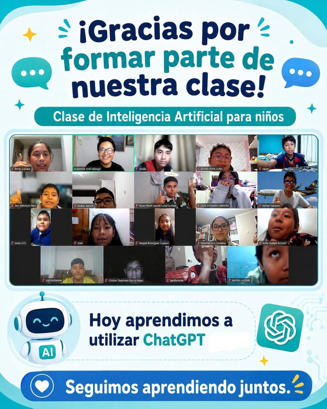 Niños participando en una clase de inteligencia artificial de Academia José Sabogal